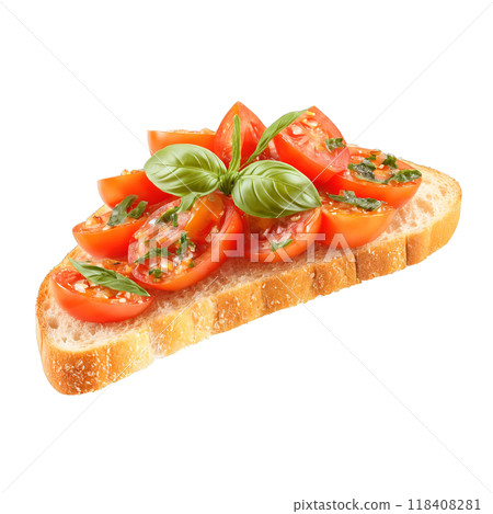 Bruschetta grilled bread slice diced tomato and basil topping tumbling isolated on transparent Food and Bruschetta grilled bread slice diced tomato and basil topping tumbling isolated on transparent Food and 118408281
