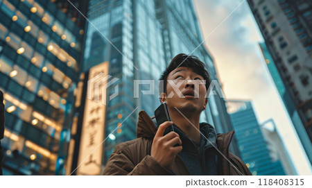 Young man with smartphone in urban cityscape amidst skyscrapers at dusk 118408315