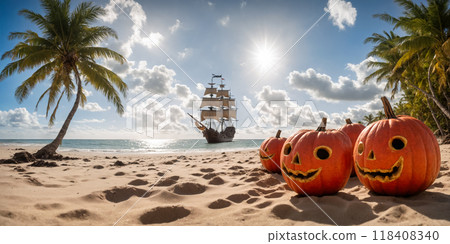 Group of Halloween carved pumpkins at the tropical Beach with pirate ship In the background, Hawaiian island style. Halloween holidays in the tropics, paradise island, vacation and chillout Group of Halloween carved pumpkins at the tropical Beach with pirate ship In the background, Hawaiian island style. Halloween holidays in the tropics, paradise island, vacation and chillout 118408340