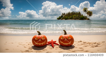 Two Halloween pumpkins jack o lanterns lie on the beach posing for a photo and with a red starfish, Halloween holidays in the tropics, paradise island, vacatio. Holiday Halloween Wallpaper 118408409