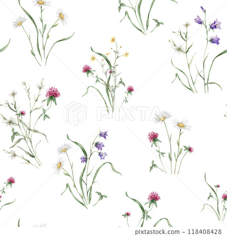 Watercolor floral seamless pattern with summer meadow flowers in botanical rustic style. Hand drawn print with bluebell, buttercup, clover, chamomile. Repeat wallpaper with leaves and plants. Watercolor floral seamless pattern with summer meadow flowers in botanical rustic style. Hand drawn print with bluebell, buttercup, clover, chamomile. Repeat wallpaper with leaves and plants. 118408428