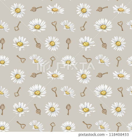 Seamless pattern with watercolor chamomile and gold key. Hand drawn illustration of daisy. White blossom flowers on isolated background. Drawing summer wildflowers botanical for textile. 118408433