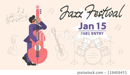 Music festival background. Poster design for jazz concert. Musician and instruments. Template for poster, banner, flyer, invitation, postcard. Illustration 118408451