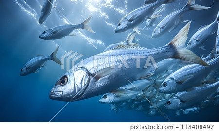 A large school of fish swim in the deep blue sea with sunlight a 118408497