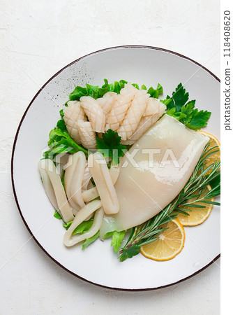 Fresh squid , raw, carcass, cut into rings, top view, no people, 118408620