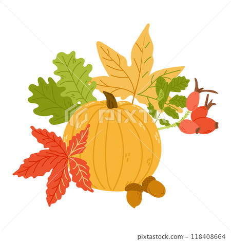 Autumn composition with leaves berries and pumpkin 118408664