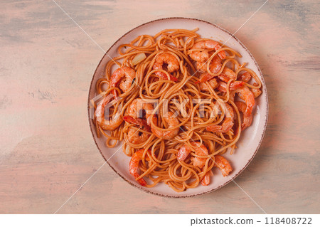 Spaghetti with king shrimps , with spices, top view, selective focus, homemade, no people, Spaghetti with king shrimps , with spices, top view, selective focus, homemade, no people, 118408722