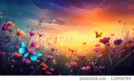 Butterflies in a summer meadow at sunset 118408764