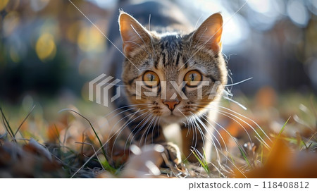 A curious cat inspects surrounding foliage during golden hour, highlighting innovative chipping technology for enhanced pet monitoring 118408812