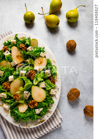 Keto Salad, pear with blue cheese and walnut, selective focus, no people, close-up, 118408827