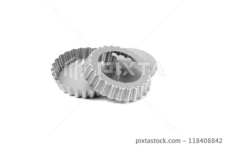 tartlets baking dish, with removable bottom, metal, silver color, on a white background, tartlets baking dish, with removable bottom, metal, silver color, on a white background, 118408842