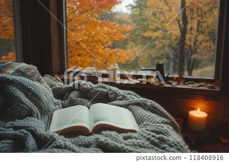 Autumn with a book, serenity. Generative AI. Autumn with a book, serenity. Generative AI. 118408916