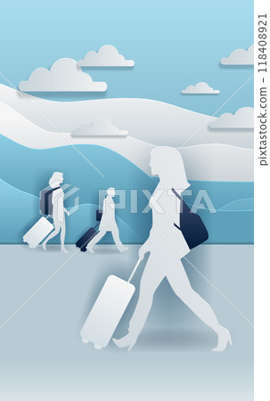 Travelers with luggage walking airport scene paper cut style silhouettes clouds blue background 118408921