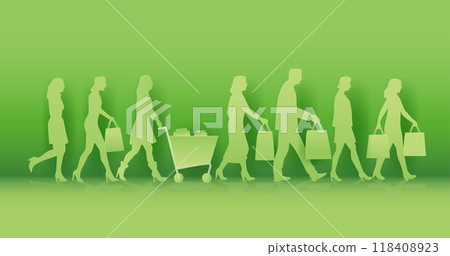 Shopping silhouettes people carrying bags green background shopping cart paper cut style Shopping silhouettes people carrying bags green background shopping cart paper cut style 118408923