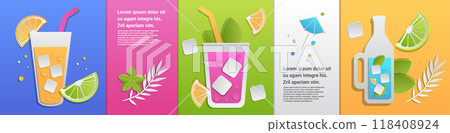 Colorful drinks with ice cubes citrus slices and leaves in paper cut style. Each drink is set against a vibrant background with additional decorative elements Colorful drinks with ice cubes citrus slices and leaves in paper cut style. Each drink is set against a vibrant background with additional decorative elements 118408924