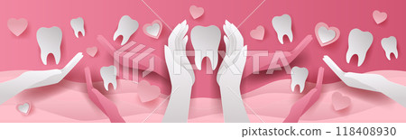 Dental care concept hands holding teeth hearts pink background paper cut style 118408930