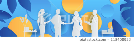 Business people meeting handshake silhouettes modern design. Paper cut style figures on abstract blue and yellow background with leaves and decor Business people meeting handshake silhouettes modern design. Paper cut style figures on abstract blue and yellow background with leaves and decor 118408933
