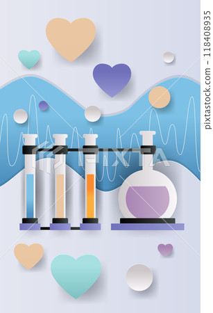 Laboratory equipment and heart shapes science concept colorful test tubes and flasks with liquid on blue wave background paper cut style 118408935