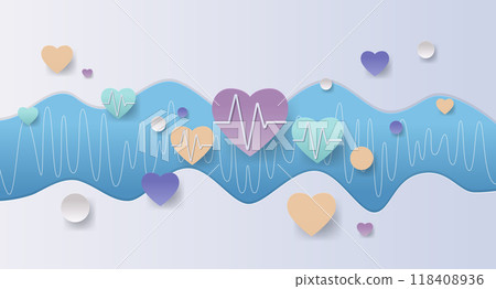 Heart health concept with colorful hearts and heartbeats on a blue wave background paper cut style 118408936