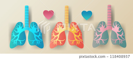 Lungs anatomy concept three colorful lungs with hearts paper cut style medical theme pastel background 118408937