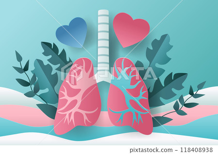 Lungs with hearts and leaves paper cut style medical concept pink and blue colors abstract background 118408938