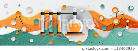 Laboratory equipment with test tubes and molecular structures colorful abstract background paper cut style 118408939