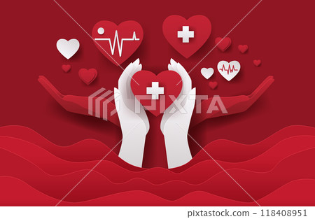 Hands holding hearts healthcare concept paper cut style with red background medical symbols floating around suitable for banners websites Hands holding hearts healthcare concept paper cut style with red background medical symbols floating around suitable for banners websites 118408951