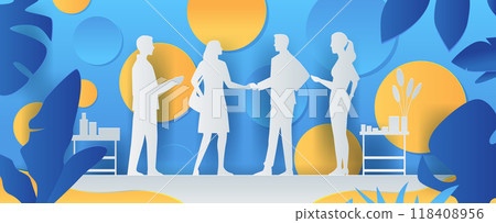 Business people meeting handshake silhouettes abstract background with blue and yellow circles and leaves office furniture paper cut style Business people meeting handshake silhouettes abstract background with blue and yellow circles and leaves office furniture paper cut style 118408956