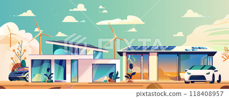 Eco-friendly houses with solar panels wind turbines electric cars modern sustainable living scene colorful landscape 118408957