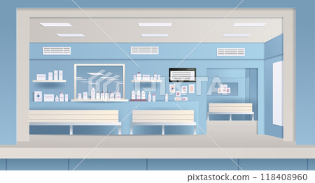 Pharmacy interior modern medicine shelves bottles waiting area benches blue clean design 118408960