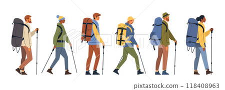 Hikers trekking outdoors diverse group with backpacks walking sticks colorful attire isolated on white background 118408963