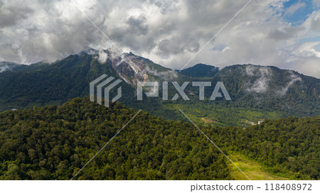 Active Sibayak volcano and mountains with forest. Sumatra, Indonesia. Active Sibayak volcano and mountains with forest. Sumatra, Indonesia. 118408972
