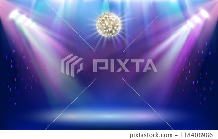 Night club with neon lights and disco ball 118408986