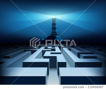 Lighthouse lights the way in a dark labyrinth Lighthouse lights the way in a dark labyrinth 118408987