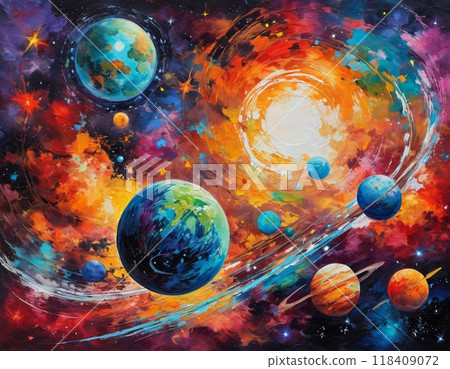 Planetary system with multiple planets, large brightly colored gas giant and a rocky planet. Bright stars and a vast expanse of dark space with a galaxy in background. Space spaces. Cosmonautics. AI 118409072