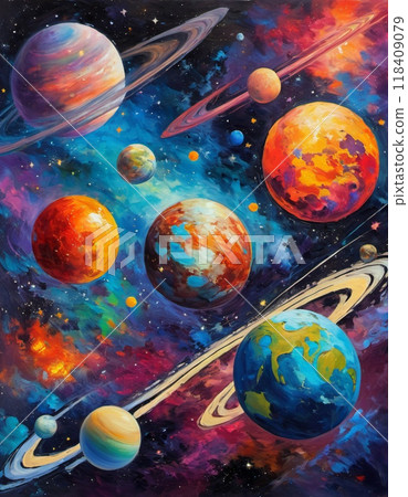 Planetary system with multiple planets, large brightly colored gas giant and a rocky planet. Bright stars and a vast expanse of dark space with a galaxy in background. Space spaces. Cosmonautics. AI 118409079