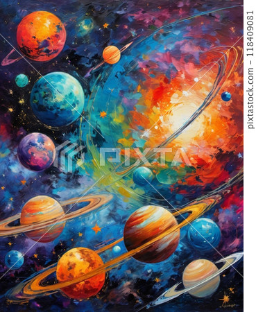 Planetary system with multiple planets, large brightly colored gas giant and a rocky planet. Bright stars and a vast expanse of dark space with a galaxy in background. Space spaces. Cosmonautics. AI 118409081