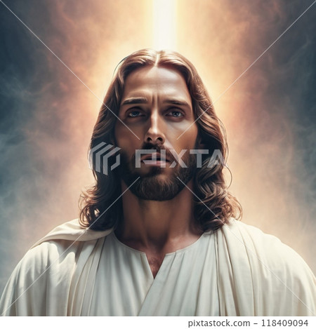 Portrait of a Man Dressed as Jesus. White robe. Long brown hair and beard. Man appears to be in his early 30s, and he has a serious expression on his face. Christian religion and faith. AI 118409094