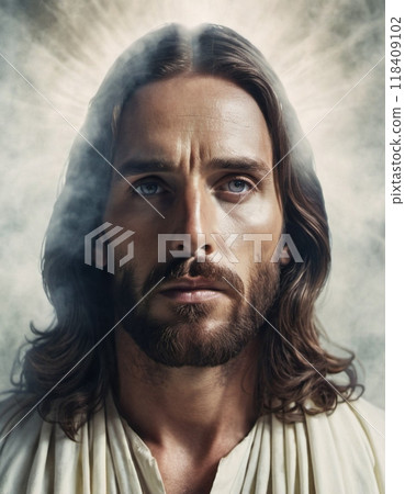 Portrait of a Man Dressed as Jesus. White robe. Long brown hair and beard. Man appears to be in his early 30s, and he has a serious expression on his face. Christian religion and faith. AI 118409102