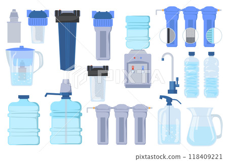 Water purification equipment set elements in flat graphic design. Bundle objects of bottles, coolers, pitcher with filters, pipeline, home faucet, pump system, tank, tap, other. Vector illustration. Water purification equipment set elements in flat graphic design. Bundle objects of bottles, coolers, pitcher with filters, pipeline, home faucet, pump system, tank, tap, other. Vector illustration. 118409221