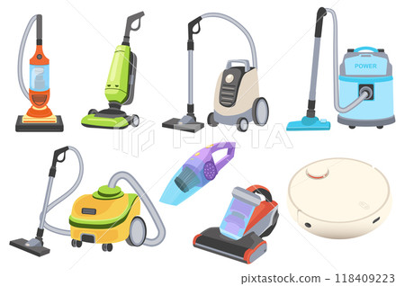 Vacuum cleaners set elements in flat graphic design. Bundle objects of appliances for cleaning and washing floor with uprights and hoses, hand car suction device, wireless robot. Vector illustration. 118409223