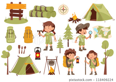 Scouts camping set elements in flat graphic design. Bundle objects of boys and girls in uniforms, tent, compass, campfire, backpacks, trees, lanterns, mats, direction pointers. Vector illustration. Scouts camping set elements in flat graphic design. Bundle objects of boys and girls in uniforms, tent, compass, campfire, backpacks, trees, lanterns, mats, direction pointers. Vector illustration. 118409224
