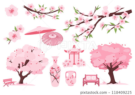Sakura blooming set elements in flat graphic design. Bundle objects of pink cherry flowers, blossom branches, spring trees, park benches, japanese umbrella, pagoda gazebo, vases. Vector illustration. 118409225