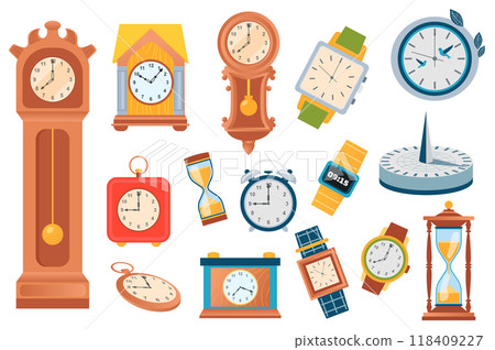 Mechanical and electronic clocks set elements in flat graphic design. Bundle objects of vintage floor clocks, electronic wall time device, hourglass, table alarms, sundial, other. Vector illustration. 118409227