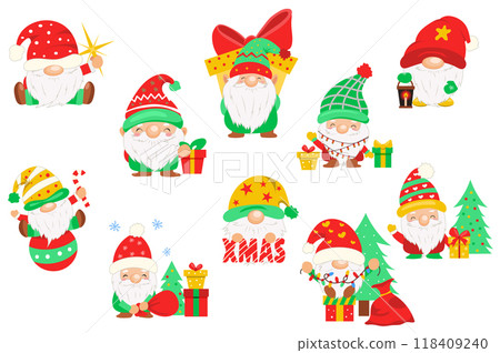Christmas cute gnomes set elements in flat graphic design. Bundle objects of funny scandinavian traditional dwarfs with beard and hats holds star, gifts, candy, garland, other. Vector illustration. 118409240