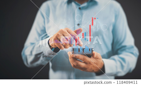 Businessman with phone touching virtual chart Businessman with phone touching virtual chart 118409411