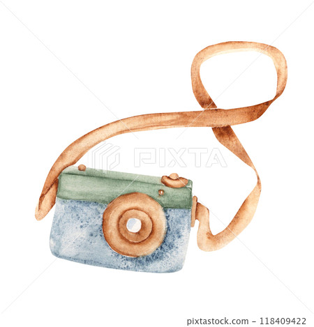 Wooden Camera. Eco Baby Toy. Watercolor Hand drawn Kids illustration of Photo camera in Vintage style isolated on white background. Design Element for Kids goods, tags and prints birthday cards and Wooden Camera. Eco Baby Toy. Watercolor Hand drawn Kids illustration of Photo camera in Vintage style isolated on white background. Design Element for Kids goods, tags and prints birthday cards and 118409422