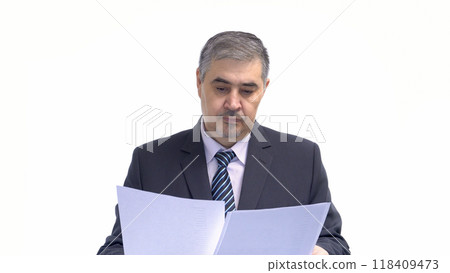 Businessman Reviewing Documents. Isolated on White Background. 118409473