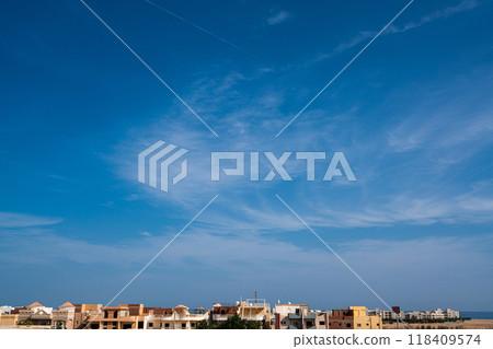 Egyptian villas and sea against blue sky, horizontal landscape Egyptian villas and sea against blue sky, horizontal landscape 118409574
