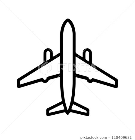 plane icon or modern line symbol. Vector line art and icon design with bold outline. Black and white Pixel Perfect minimalistic symbol isolated white background. Silhouette simple thin sign plane icon or modern line symbol. Vector line art and icon design with bold outline. Black and white Pixel Perfect minimalistic symbol isolated white background. Silhouette simple thin sign 118409681